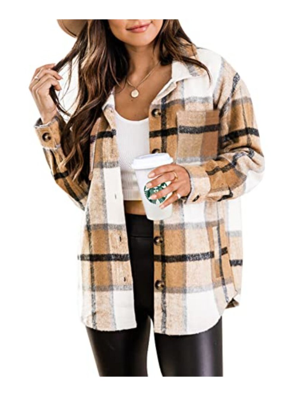 Polyester Plaid Button Down Shacket Jacket Long Sleeve Casual